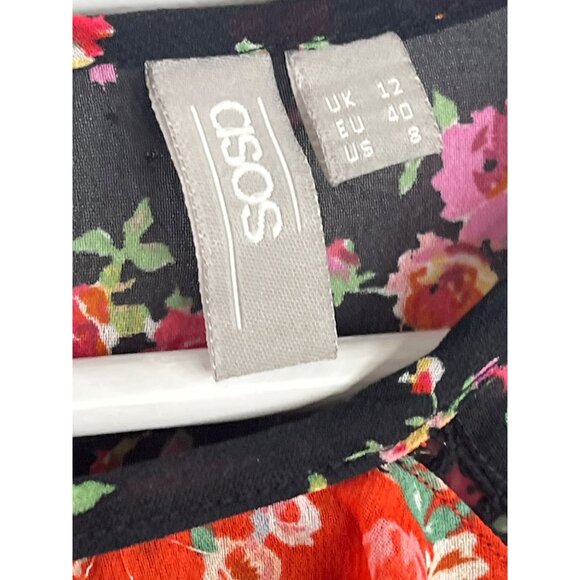 ASOS Floral Ruffle Sheer Boho Peasant Blouse Black Orange Size 8 - Picture 3 of 9